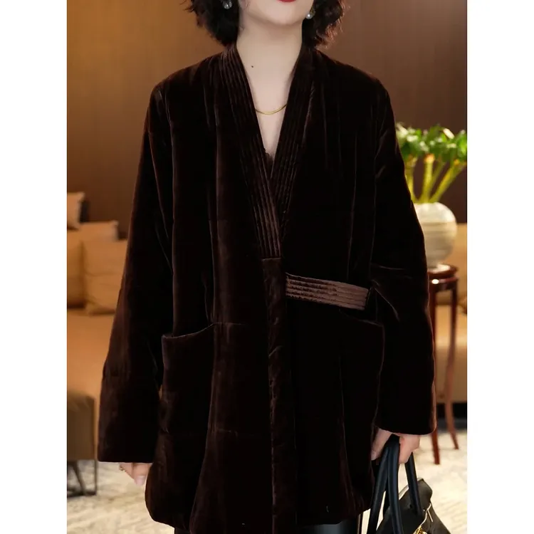 高级轻奢百搭纯色丝绒棉服2025冬季新款洋气时尚国风加厚保暖外套