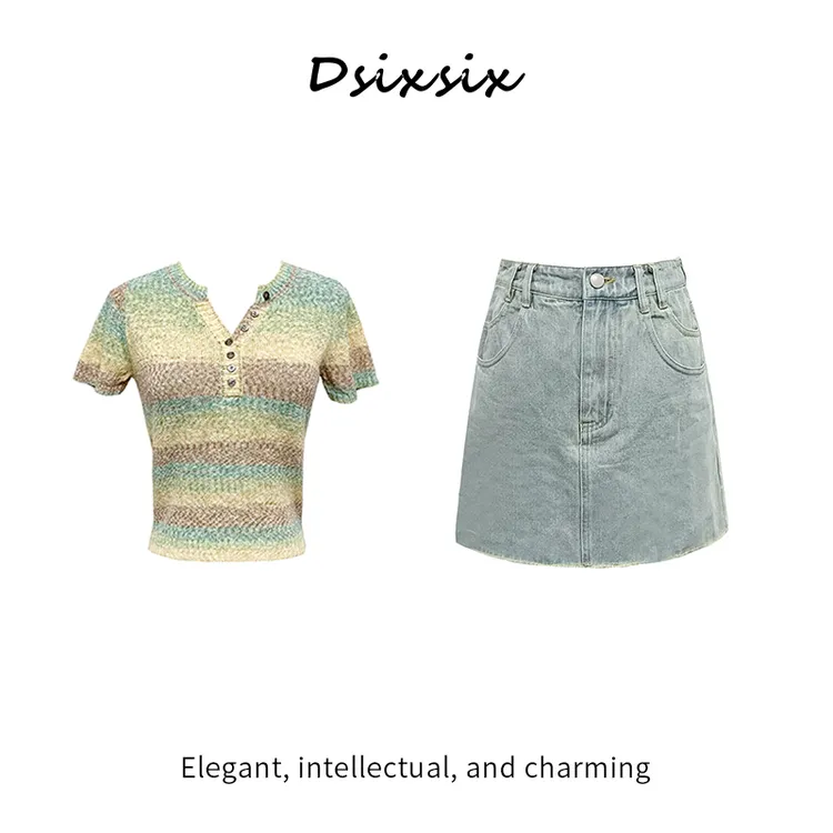 Yeah Me-【彩虹糖豆】夏日新款时尚短款百搭彩虹色高腰牛仔裙套装