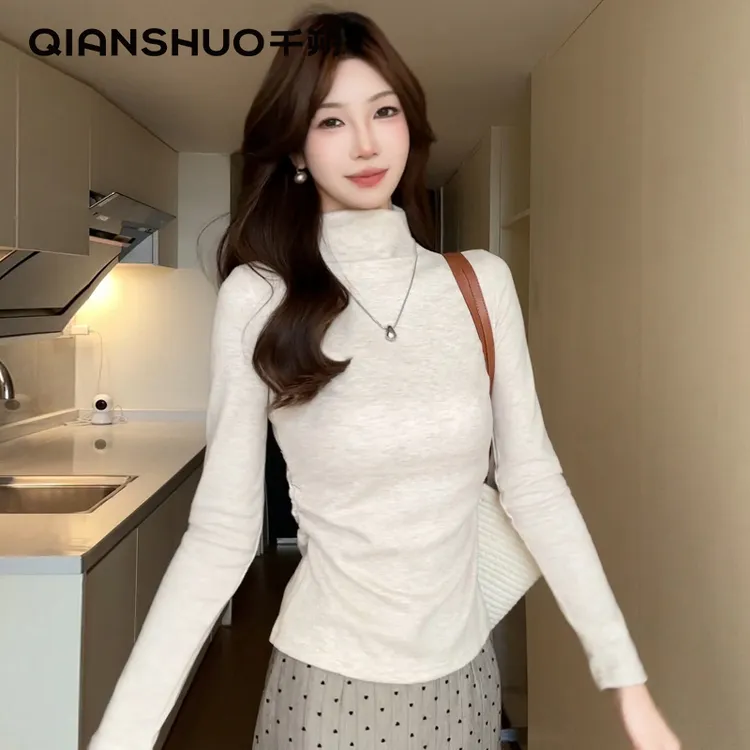 千朔秋冬新款显瘦舒适百搭设计感抽褶保暖长袖女内搭半高领打底衫