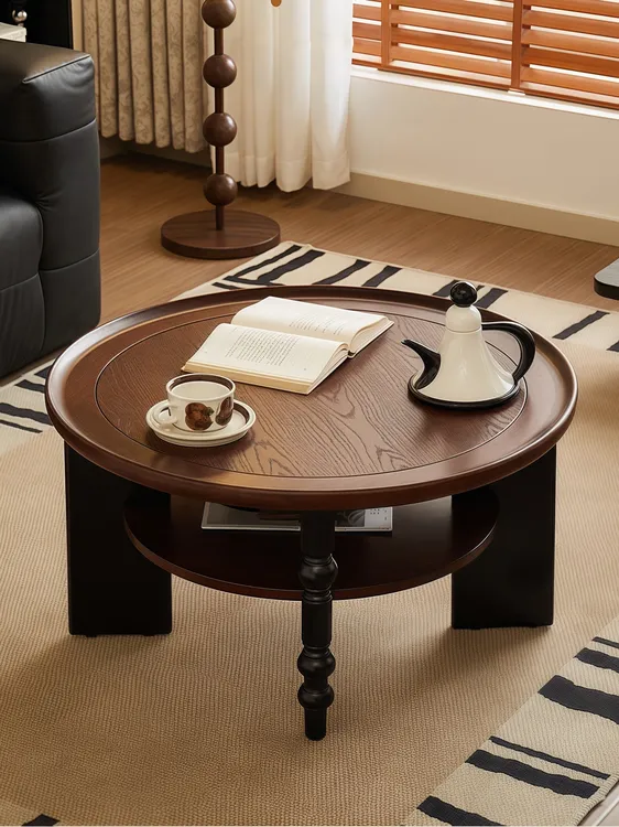 复古风实木圆形茶几中古风茶桌高级感法式茶台电视柜组合客厅家用