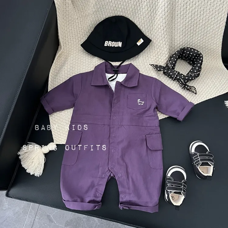 宝宝秋装衣服婴幼儿春秋季工装风连体衣新生儿紫色帅气全开扣爬服