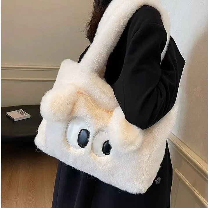 可爱毛绒单肩包女大眼毛毛通勤包百搭大容量托特手拎斜跨包w