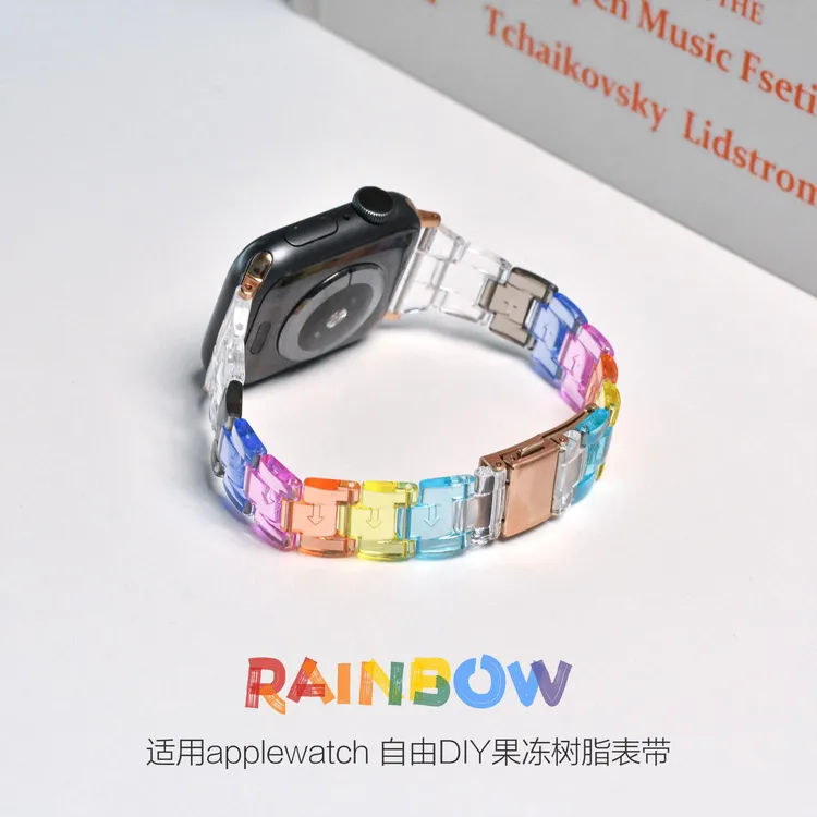 适用于applewatchS10果冻树脂小蛮腰表带iwatch9彩虹透明S8表带苹