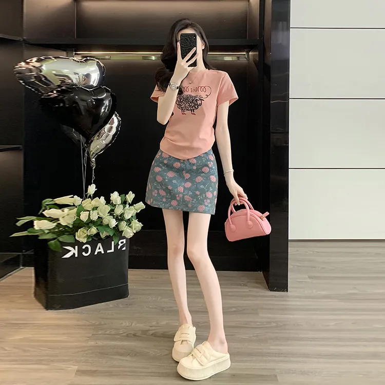 t恤短袖女美式新款夏季棉短款上衣复古牛仔短裙a字辣妹包臀半身裙