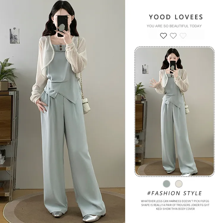 大码夏日绝美穿搭套装女胖mm巨显瘦时髦遮肉吊带阔腿裤开衫三件套