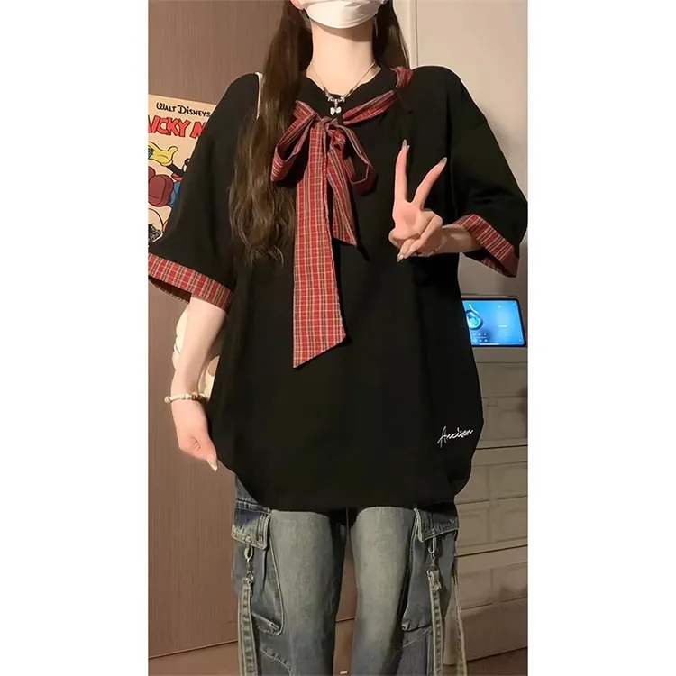 美式复古绑带短袖t恤女2025夏季穿搭设计感超好看宽松休闲上衣ins