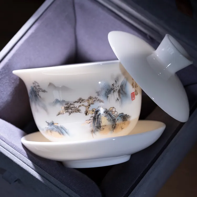 晓栗羊脂玉瓷可悬停盖碗150ml拜师高档白瓷盖碗手抓碗功夫茶茶具