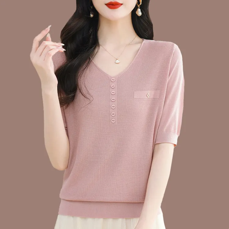 体恤女短袖T恤2025夏季妈妈装遮肚子上衣v领大码洋气薄款针织衫