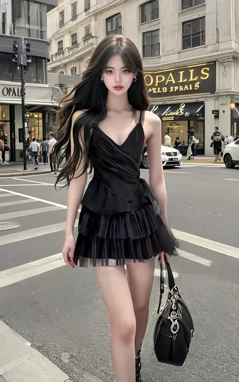 性感辣妹风黑色V领收腰显瘦吊带连衣裙女小众设计时尚气质高级感