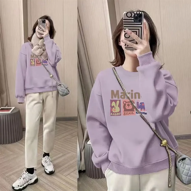 韩版秋冬圆领长袖无帽卫衣百搭休闲时尚加绒加厚洋气减龄印花