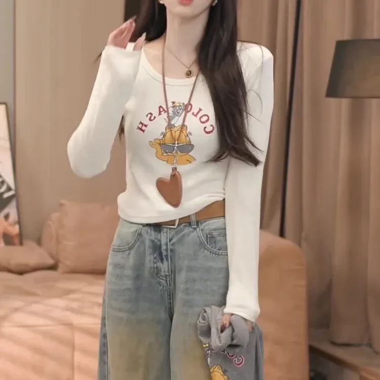 辣妹风U领卡通字母印花长袖t恤女秋季美式正肩修身显瘦上衣ins潮