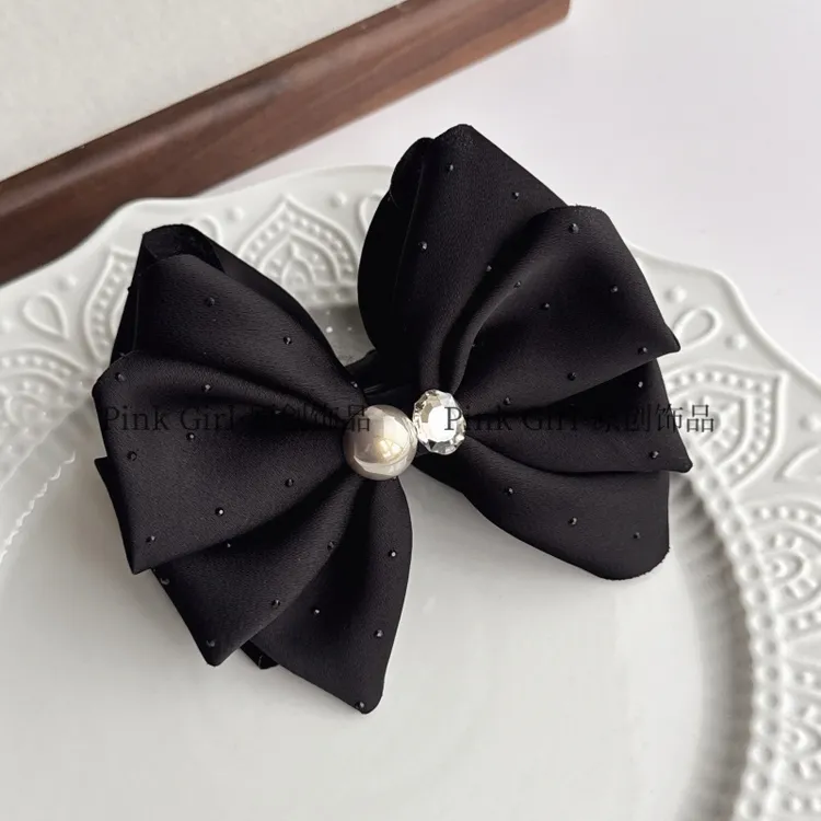 Pink Girl  X158新款黑色缎面蝴蝶结香蕉夹优雅气质百搭竖夹发饰