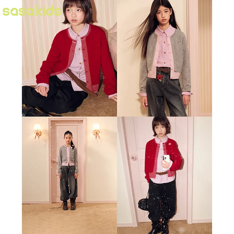 sasakids秋冬保暖打底上衣假两件全羊毛叠穿百搭休闲拼色毛衣开衫