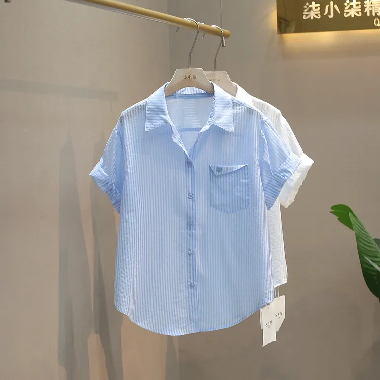 竖条纹蓝色雪纺短袖衬衫女士夏季大码遮肚子polo领小个子正肩上衣