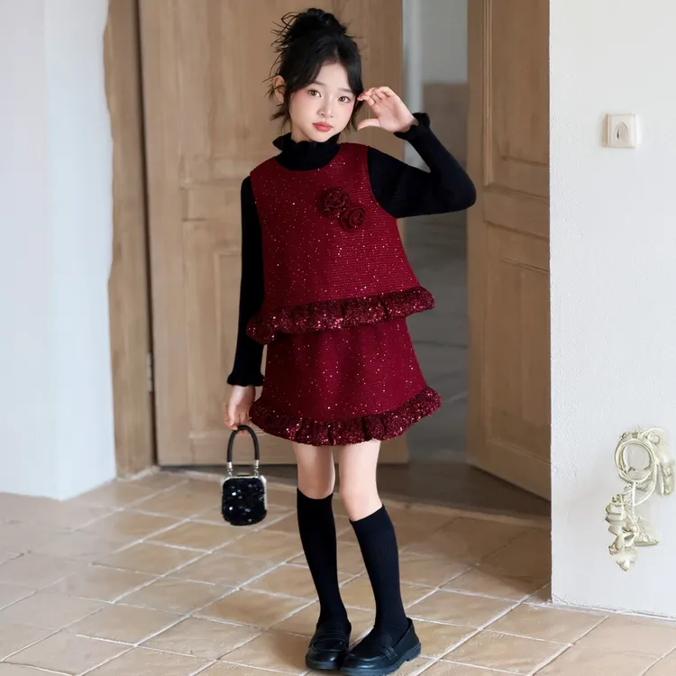 女童拜年服秋冬季加绒亮片马甲短裙套装冬装6-12岁女大童新年衣服