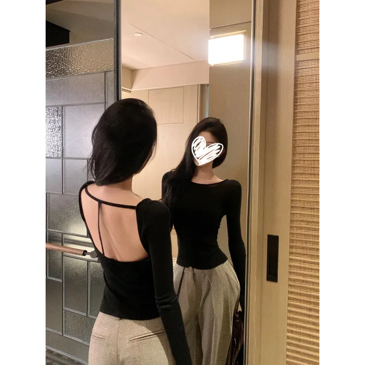 梦优莱JAYKY YANG零感松弛黑色露背长袖打底衫修身百搭针织上衣女