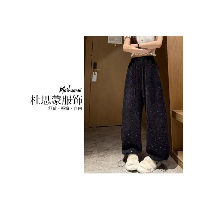 （杜思蒙服饰）DSM8057-【星空裤】韩系百搭多彩线绣竖纹松紧腰休闲裤