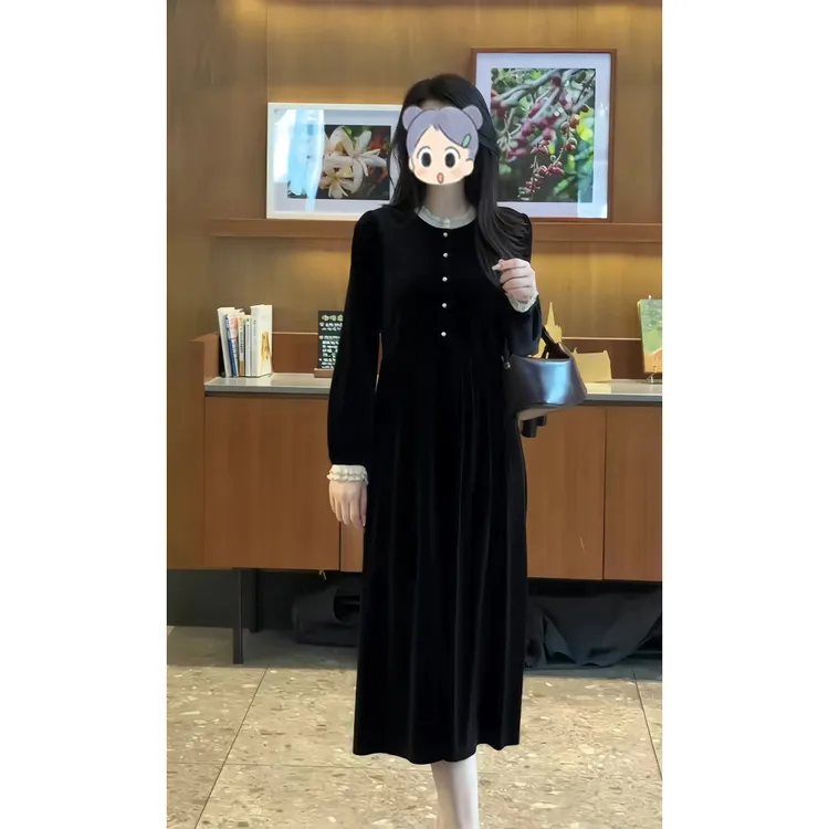 大码法式复古黑色气质连衣裙女2025秋季新款设计高级感显瘦长裙
