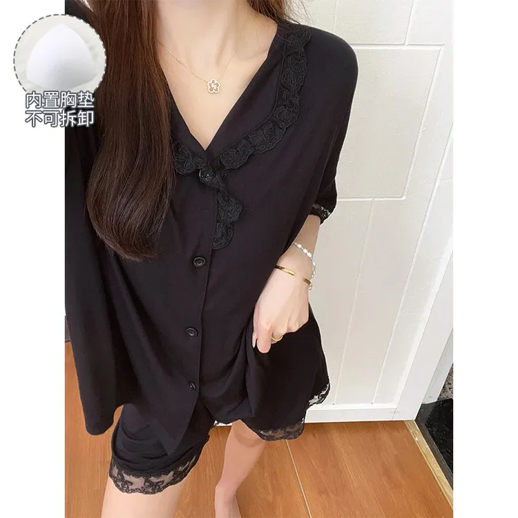 2025新款爆款可外穿甜美风短袖短裤带胸垫睡衣女夏季开衫大码套装