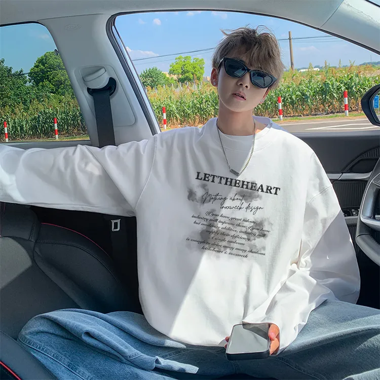 纯棉长袖t恤男秋冬季宽松大码卫衣白色休闲内搭上衣服潮牌打底衫