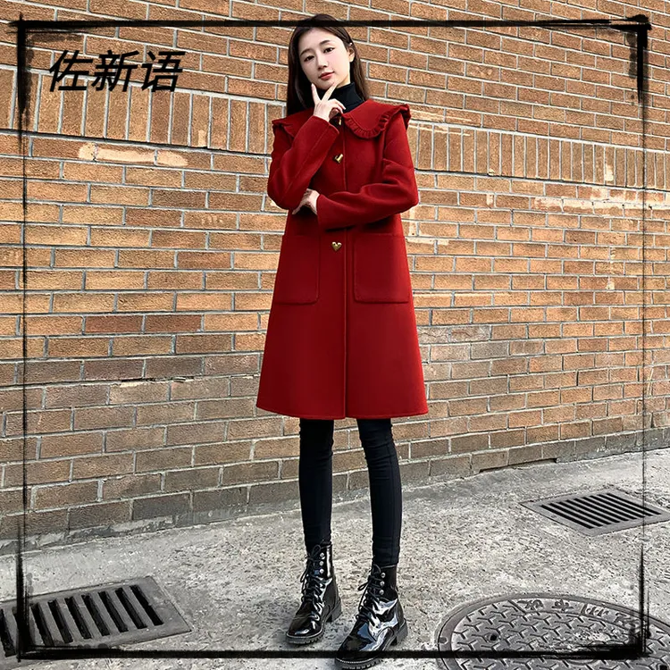 ll圣诞节红色大衣女2024秋冬娃娃领中长款小个子设计感春节过年l