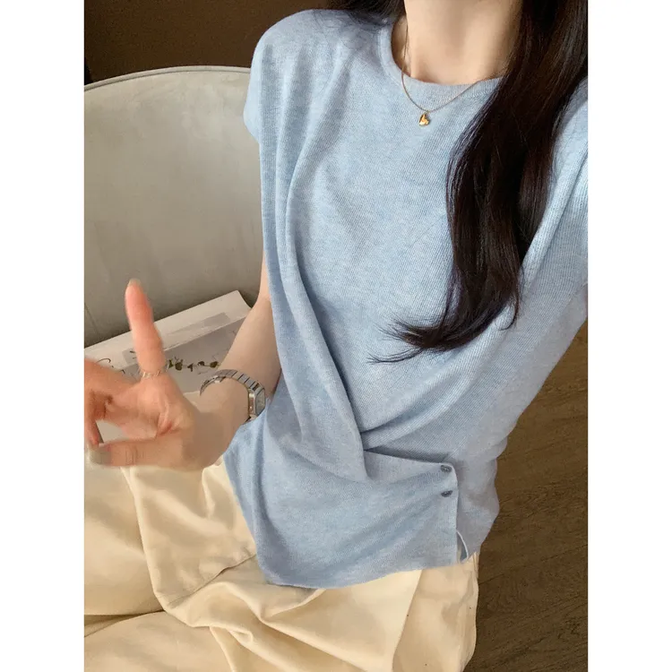 韩系独特漂亮收腰系扣设计感白色短袖T恤女夏2025新款上衣