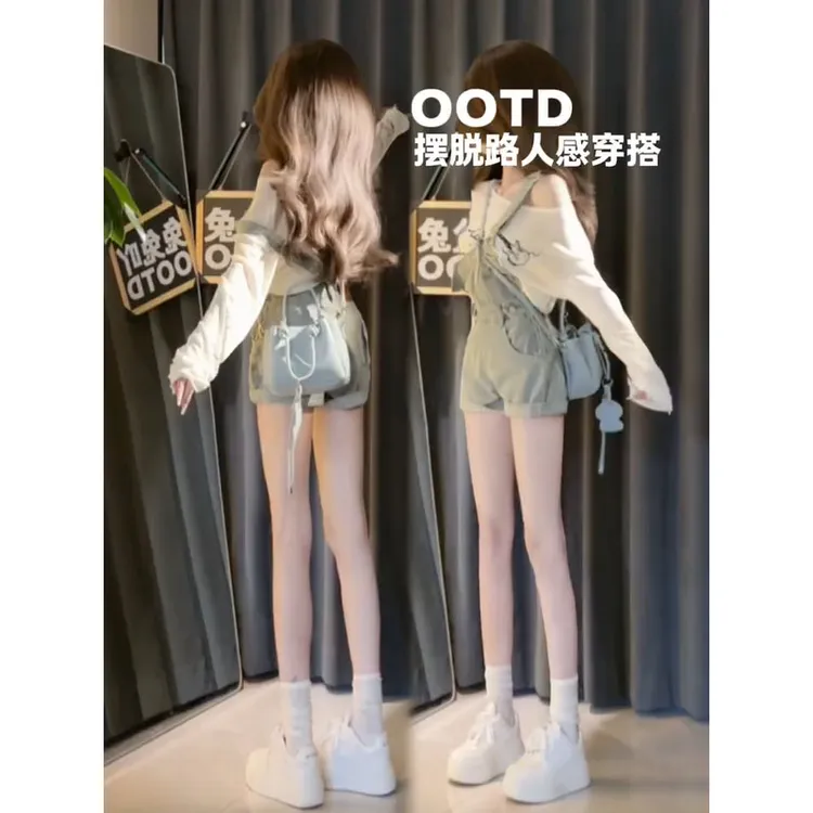 夏季套装女2025新款韩系慵懒卡通印花防晒罩衫牛仔背带短裤两件套