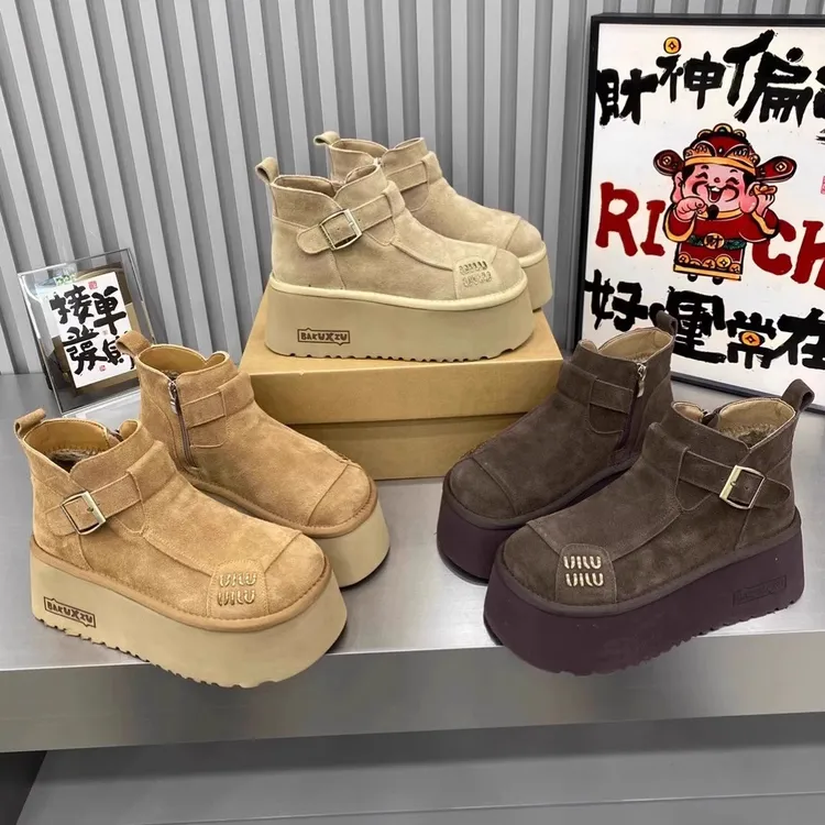 欧货磨砂皮带扣字母厚底松糕鞋显瘦小面包鞋雪地棉靴女