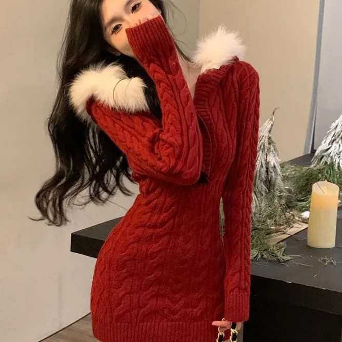纯欲辣妹性感新年红色毛衣连衣裙女秋冬新款连帽毛领针织包臀裙厚