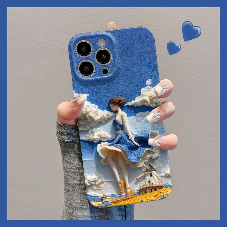 油画风车女孩适用苹果16手机壳华为高级vivo小米15个性oppo菲林壳