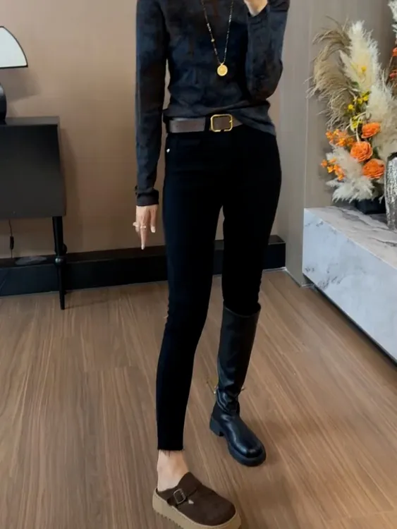 黑色高腰牛仔裤女2025秋冬新款加绒显瘦紧身弹力小个子九分小脚裤
