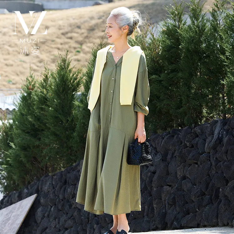 【完颜赫】中年妈妈夏装洋气长袖宽松连衣裙女装春秋中长薄款裙子