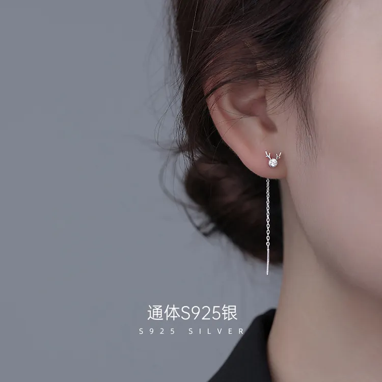 BFS925纯银网红高级感鹿角耳线女韩式轻奢锆石流苏耳环长款耳