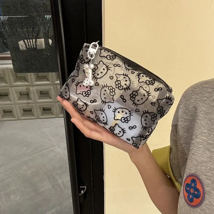 简约可爱黑色网纱kitty化妆包便携大容量收纳包手拿补妆包耐脏ZF