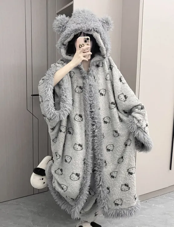【灰Kt】冬款斗篷带袖子毛绒睡衣加厚睡衣可外穿韩版网红时尚
