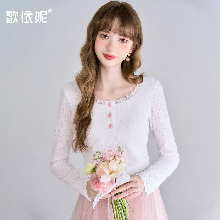 歌依妮秋冬新款女白色蕾丝圆领设计感百搭内搭打底衫长袖T恤上衣