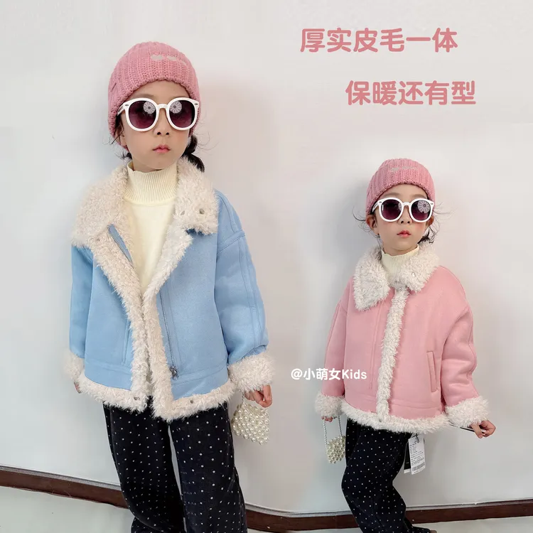 【750G羊毛卷】女童加绒大衣冬季儿童加厚皮毛一体外套亲子款上衣