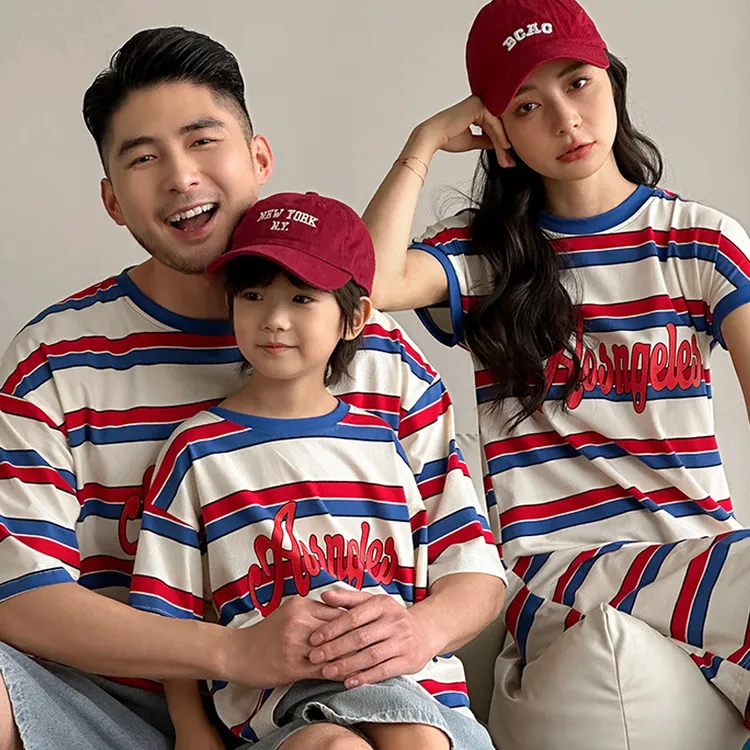 ins炸街亲子装夏装条纹短袖T恤裙母女装韩版洋气一家三四口全家装