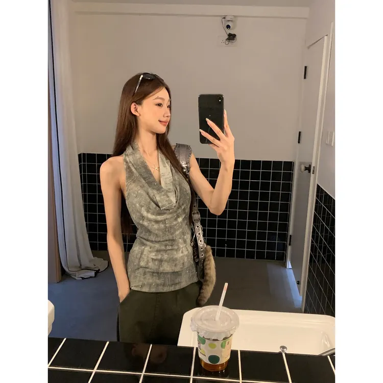 【未命名背心】夏季美式复古荡领露背烫钻显瘦背心252U2147