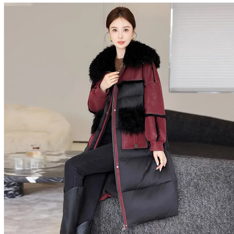 海宁皮草兔毛皮毛一体搭配鹅绒服女中长款加厚外套