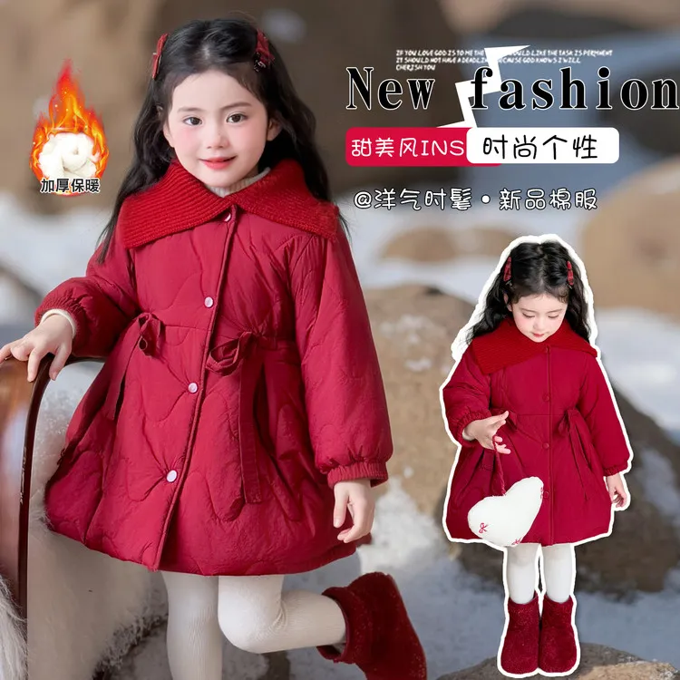 女童红色棉服加绒加厚冬季2025新款儿童冬装收腰洋气女宝棉衣外套