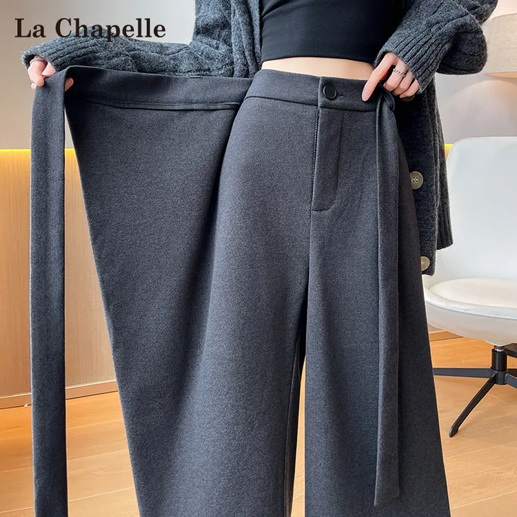 拉夏贝尔假两件毛呢休闲裤女秋冬新款小个子窄版直筒八分阔腿裤裙