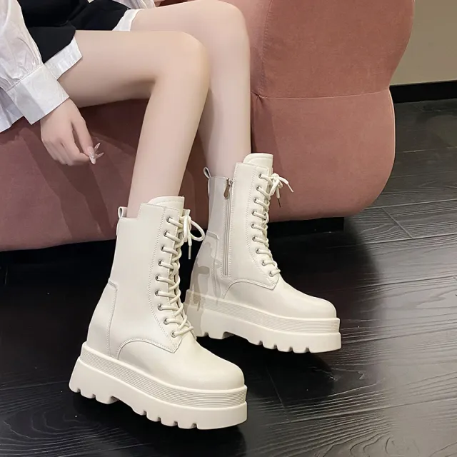 短靴女小个子9公分内增高轻便厚底瘦瘦靴2025春季新款系带马丁靴