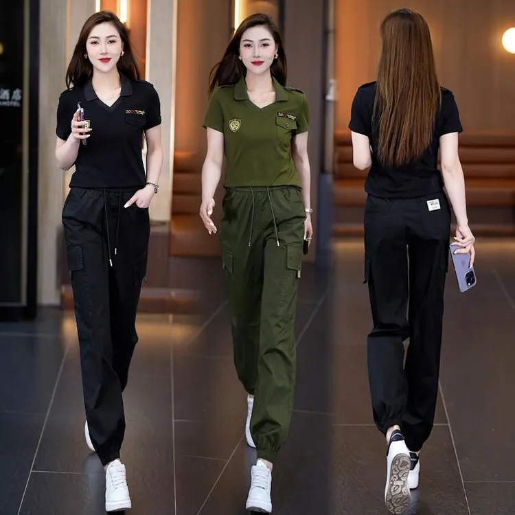 迷彩服女V领t恤套装春夏季新款工装束脚休闲直筒长裤水兵舞两件套