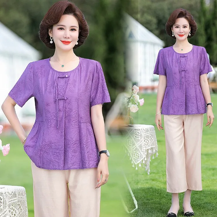 2025时尚显瘦爆款妈妈套装中老年女装大码中年雪纺衫休闲妈妈装