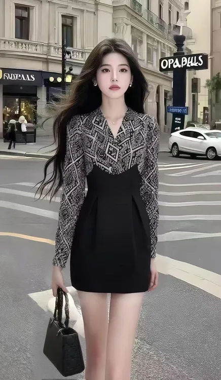 法式小香风气质显瘦减龄知性风印花撞色V领长袖修身收腰连衣裙女