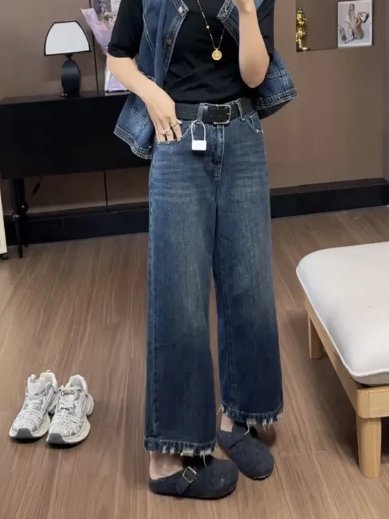 2025早秋新款高腰显瘦大码阔腿时尚无弹九分裤