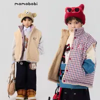 momobobi自制冬款马甲儿童个性保暖加绒背心百搭双面格子字母上衣