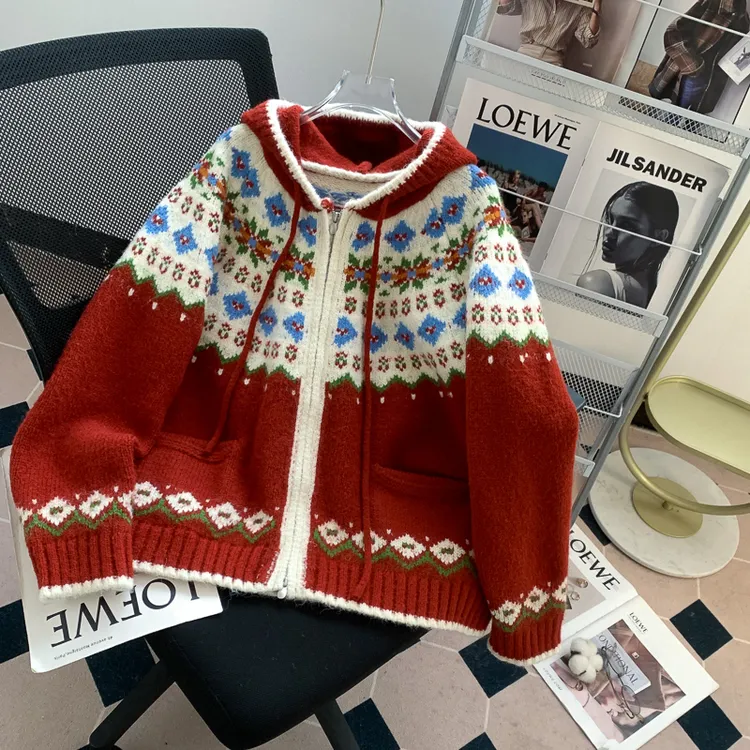 时尚休闲宽松连帽毛衣外套女2025秋冬新款穿搭慵懒风针织开衫上衣