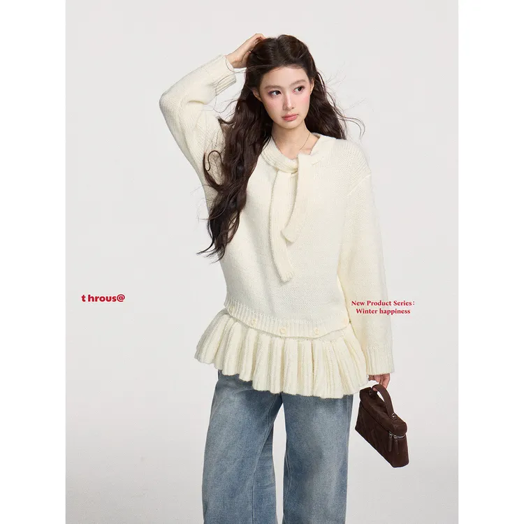 谢不肉 冬季荷叶边屁帘可拆系带毛衣女软糯显瘦宽松保暖上衣52040